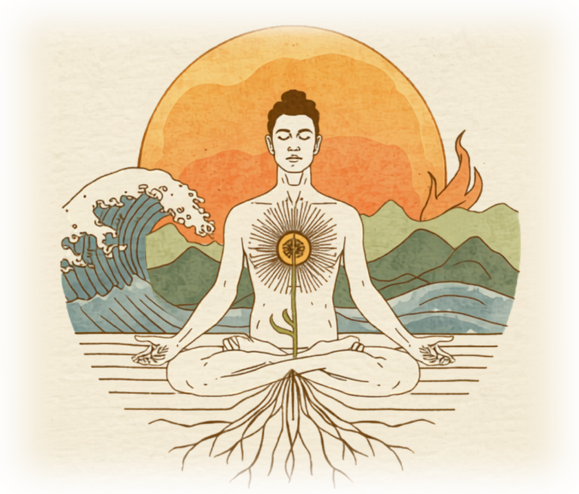 Ilustración de una persona meditando, con una raíz que crece desde el corazón